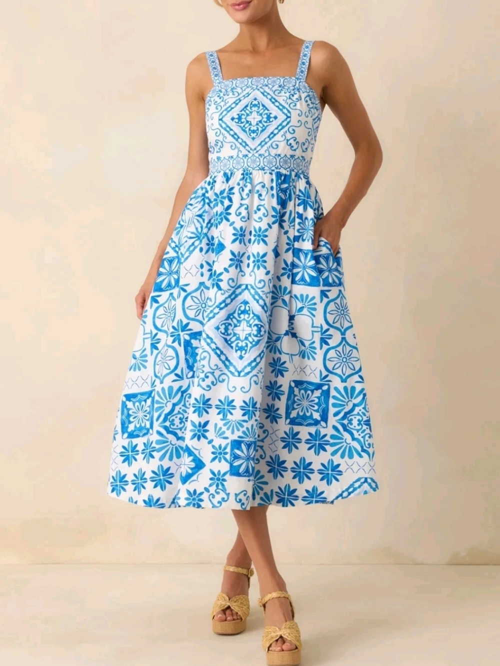 Prosperina Lydia Poplin Midi Dress M Blue  Tile Print NEW